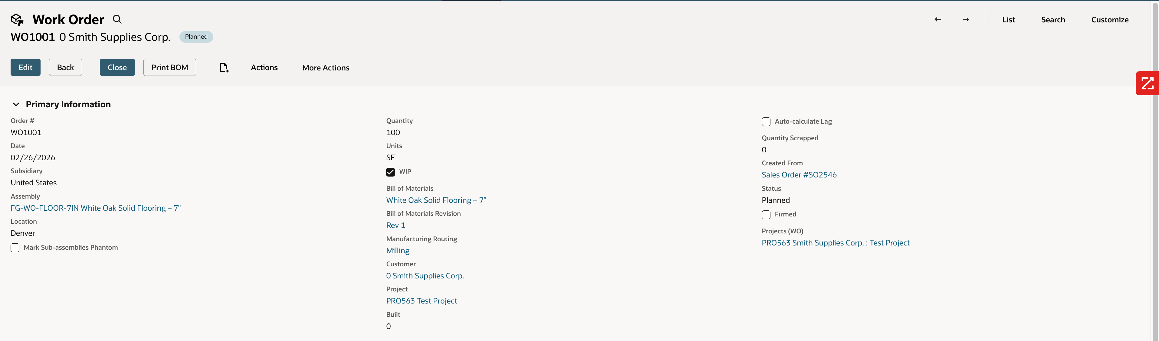 Assigning a project to a Work Order